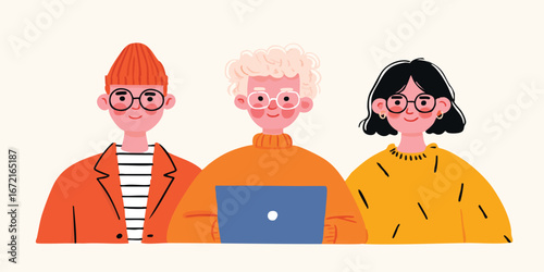 A cheerful group of people collaborates on a project, illuminated by a soft glow that suggests a creative work environment. This artful illustration captures the essence of modern teamwork.