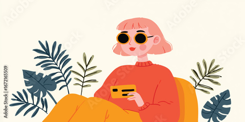 A stylish woman relaxes com...