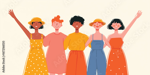 A diverse group of friends stands together in a vibrant, illustrated celebration of unity and friendship. captured in a heartwarming moment. 