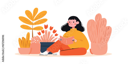 A young woman is peacefully engrossed in a book, amidst a vibrant, meticulously drawn botanical setting. Capturing the serene tranquility of reading with an artistic, illustrative flair.