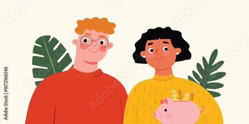 A couple holds a piggy bank...