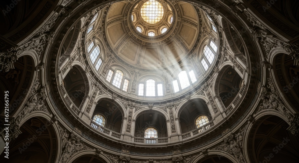 Obraz premium Sunlight streaming through dome of majestic historic building interior