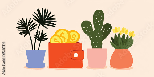 A captivating illustration depicts a red wallet brimming with golden coins, nestled beside potted plants against a soft, neutral background.