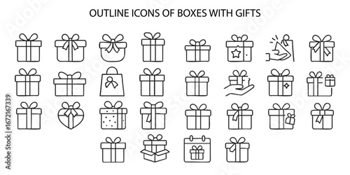 a set of vector outline icons that represent boxes with gifts.
