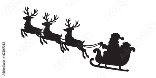 a silhouette depicting Santa Claus sitting in a sleigh pulled by four reindeer.