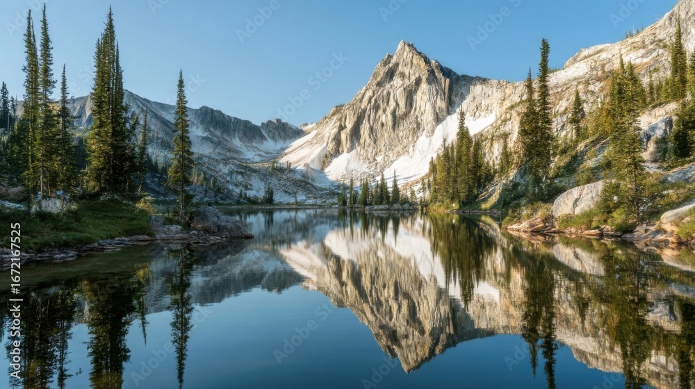 Fototapeta premium Alpine lake reflecting towering mountain peaks surrounded by lush greenery with tall coniferous trees at its edges under