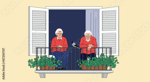 Two elderly women watch a bird from their balcony during a calm afternoon