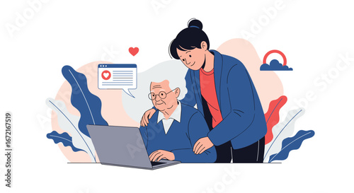 Elderly person learning digital skills with younger person providing support and guidance