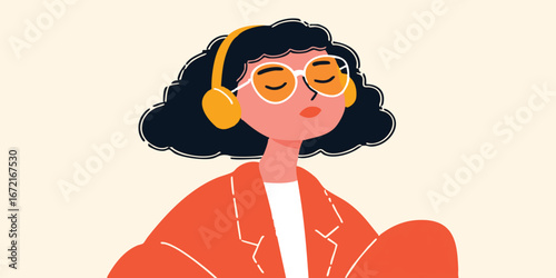 A woman wearing headphones and eyeglasses enjoying music, capturing the moments of tranquility, focused on the experience.