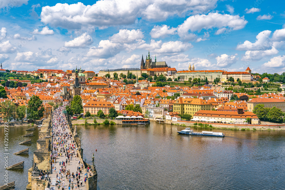 Fototapeta premium Panoramic view of Prague's historic Mala Strana district, the Vltava River and Charles Bridge.Prague,Czech Republic 