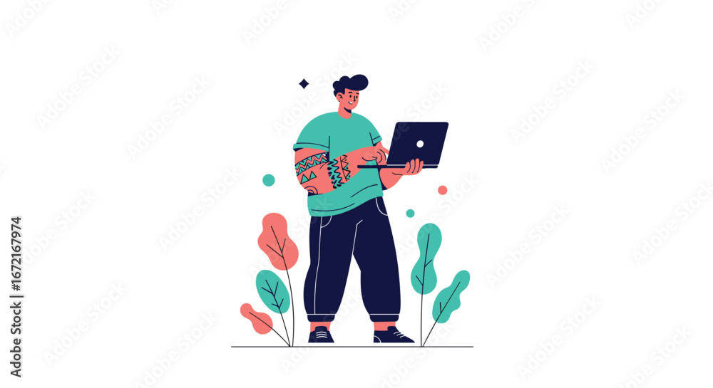 Fototapeta premium Modern web developer working on a laptop with a stylish background