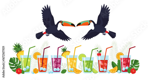 Two toucans above tropical drinks with fruit slices and ice cubes scene