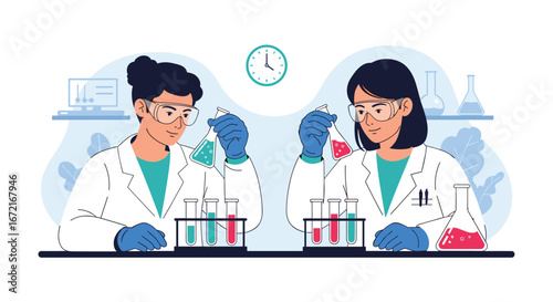 Two scientists conducting experiments in a modern laboratory setting working with beakers and test tubes