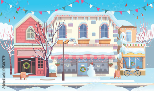 Christmas Winter City. Panorama city in winter. Panorama street with houses, shops, cafes and trees. Cozy street in flat cartoon style. The street is decorated for Christmas.