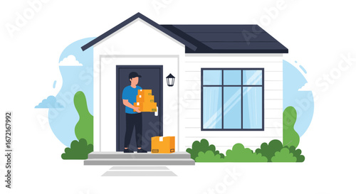 Courier delivering packages to a modern home entrance with a person receiving them