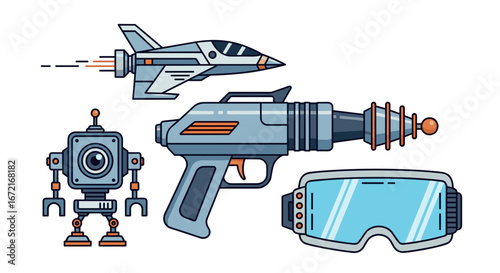 Illustration of a spaceship, robot, ray gun, and vr headset on white background