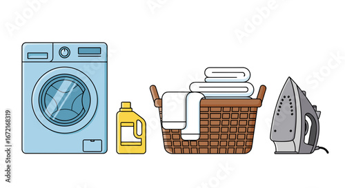 Illustration of laundry appliances including washer iron and laundry basket