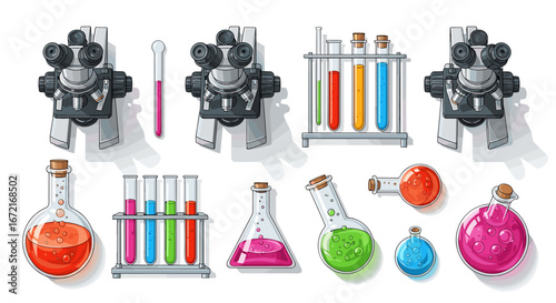 Illustration of laboratory equipment including microscopes and beakers