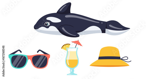 Illustration of an orca inflatable with summer accessories below it