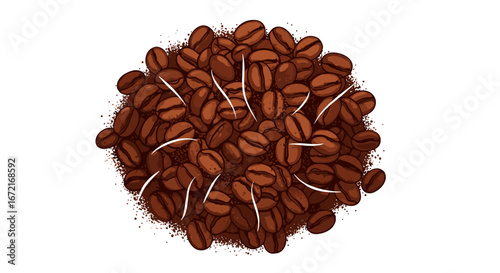 Illustration showing a pile of brown coffee beans with white accents art