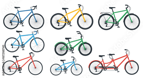 A collection of various bicycle types and colors displayed on a white page