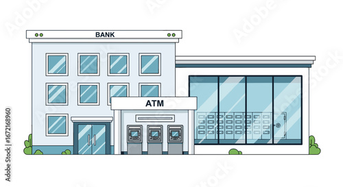 Illustration of a bank building with an atm and multiple windows shown