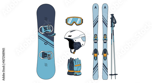 Illustration of a snowboard, skis, helmet, goggles, gloves and poles