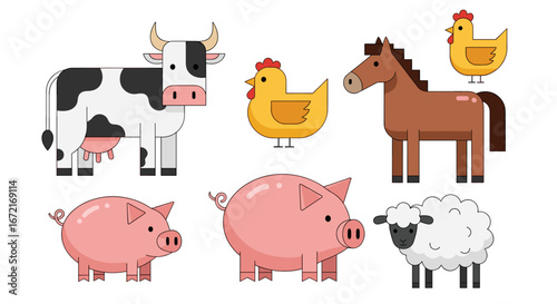 Illustration of a collection of farm animals including cow pig horse sheep