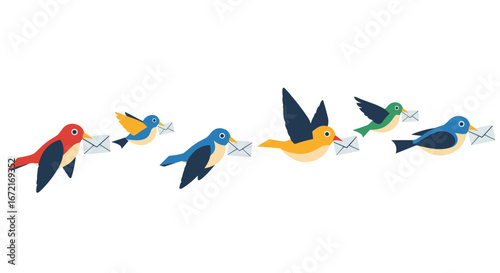 A group of colorful birds flying while carrying envelopes in their beaks
