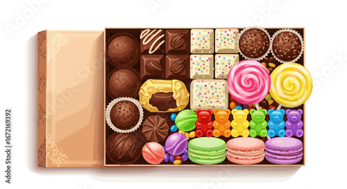 A box filled with various chocolates candies lollipops and gummy bears