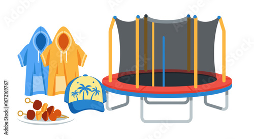 Illustration of a trampoline, ponchos, a cap, and a plate of skewers