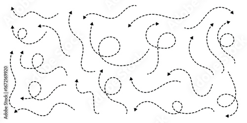 Dashed arrow set. Vector doodle dot line. Dotted hand drawn arrow. Doodle arrows of various shapes and directions. Vector illustration. EPS 10