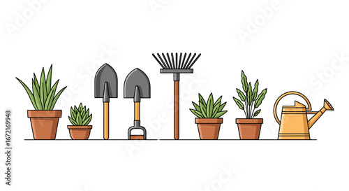 Illustration of gardening tools and potted plants arranged in a row