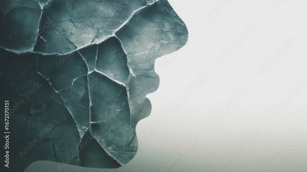 Obraz premium A profile silhouette of a persons head with cracks resembling rock or stone texture,