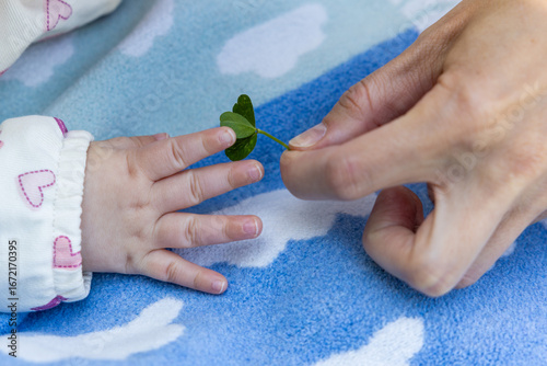 Baby lernt die Natur kennen am Kleeblatt