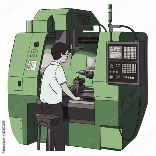 A skilled technician meticulously operates an advanced industrial CNC machine, ensuring precision manufacturing and efficient production processes in a modern factory setting.