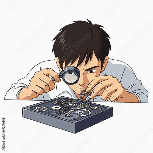 A diligent craftsman meticulously inspects delicate clockwork components with a magnifying glass, demonstrating precision and expertise in watchmaking.