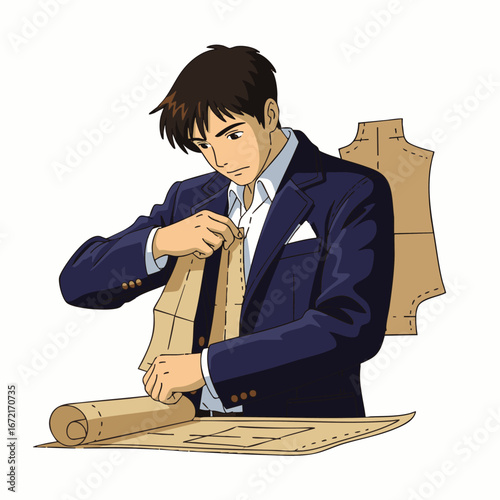 An elegant animated man, a skilled tailor or fashion designer, meticulously works on a sewing pattern, illustrating the creative process of garment making.