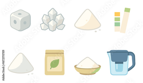 Various types of sugar and sweeteners displayed in simple graphic icons