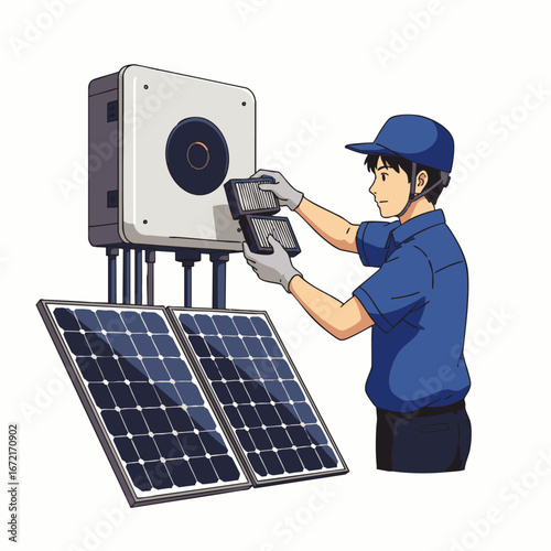 A dedicated technician meticulously installs and maintains advanced solar energy panels and their associated inverter system, ensuring sustainable power generation.