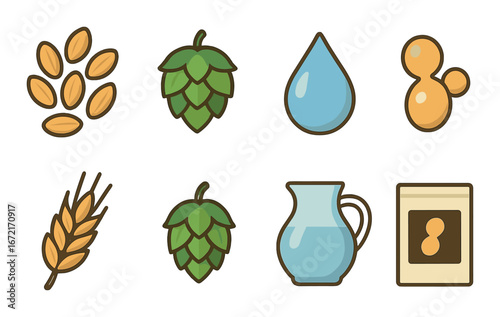 Beer brewing ingredients: hops, barley, yeast, water, wheat vector icons