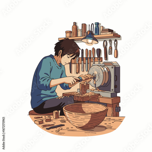 A focused artisan meticulously crafts a beautiful wooden bowl using a traditional lathe in a cozy, well-equipped workshop, surrounded by tools and wood shavings.