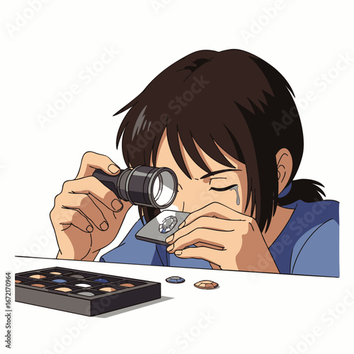 An animated character meticulously examines a valuable coin collection with a magnifying glass and flashlight, showcasing a focused hobbyist's dedication to numismatics.