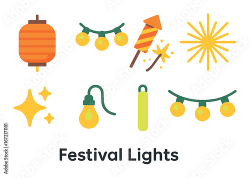 Festive lights and decorations featuring lanterns and fireworks