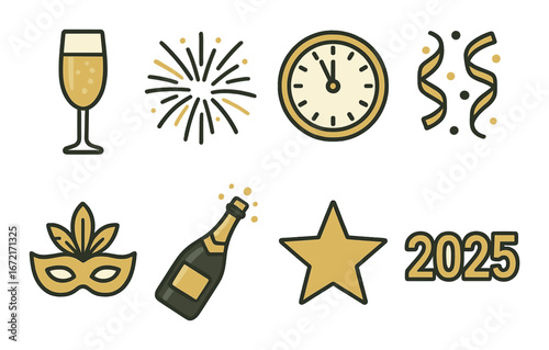 New year's celebration icons: champagne, fireworks, clock, mask, star, 2025