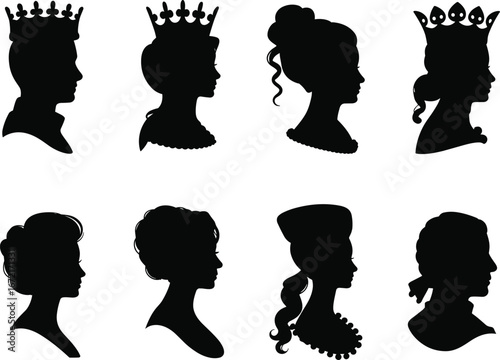 Royal silhouette collection, historical profile icons, vintage headwear, noble hairstyle, black vector portraits, antique fashion, crown figures, elegant character design