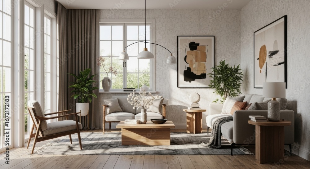 Fototapeta premium Bright, Modern Living Room with Natural Light and Abstract Art