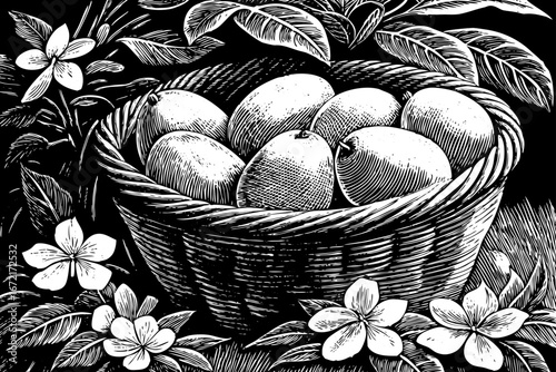 basket with ripe mangoes surrounded by leaves and flowers, natural elegant arrangement, rustic black and white sketch