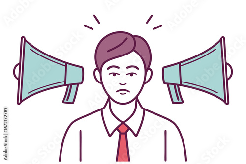 Man overwhelmed by two megaphones shouting messages noise