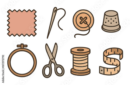 Sewing tools collection: needle, button, scissors, thimble, thread, fabric, tape, embroidery hoop